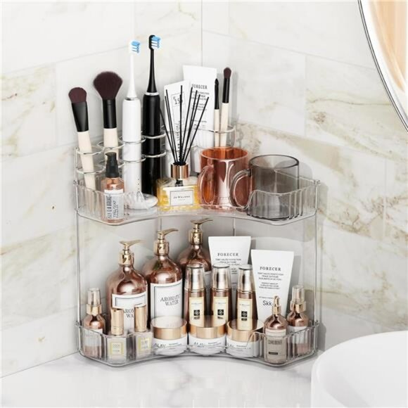 Clear 2 tier corner organizer with brush holder bathroom vanity storage - Picture 5 of 7